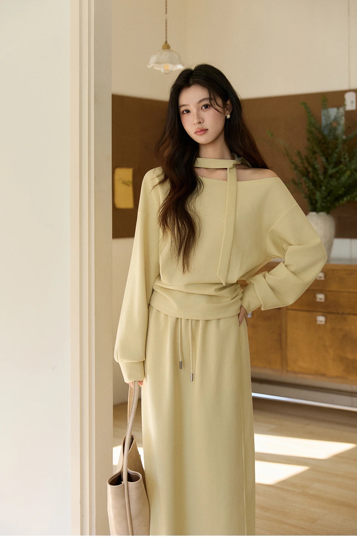 Mishow Light Yellow Off-Shoulder Top & Rear Fork Midi Skirt Set MXE11T1489