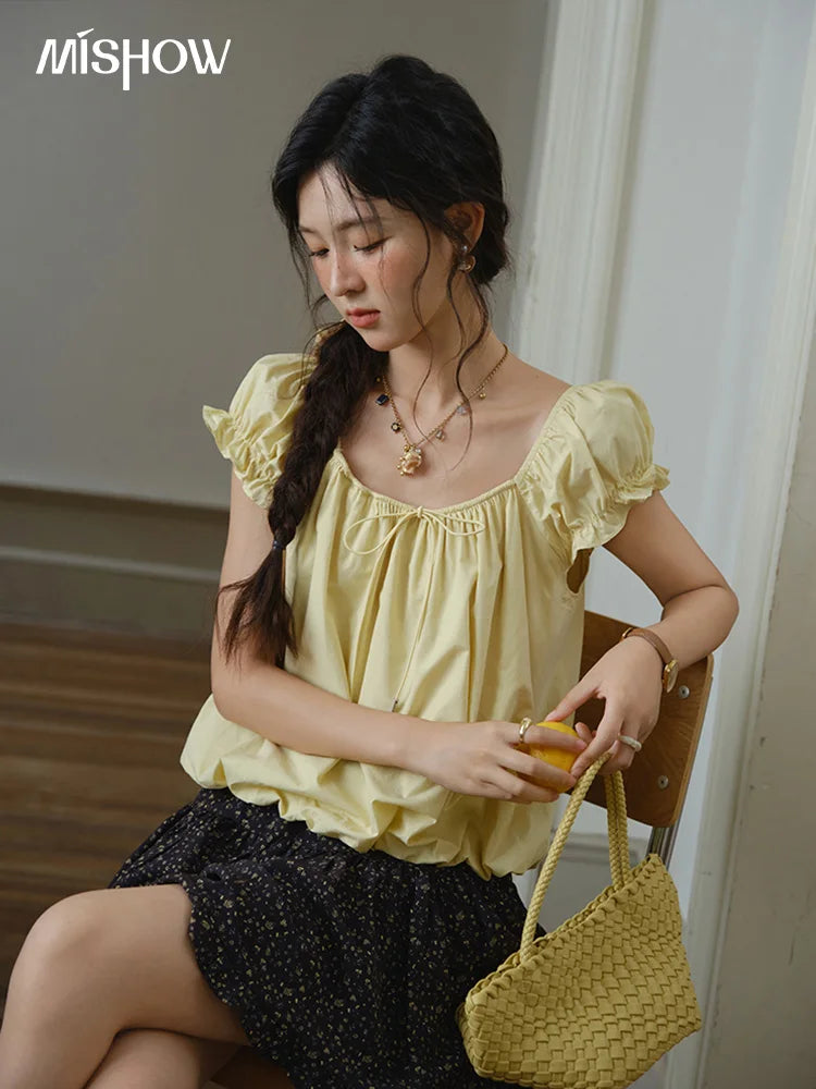 MISHOW Cotton Blouse Puff Sleeve Lace Up O-Neck MXE37X1893