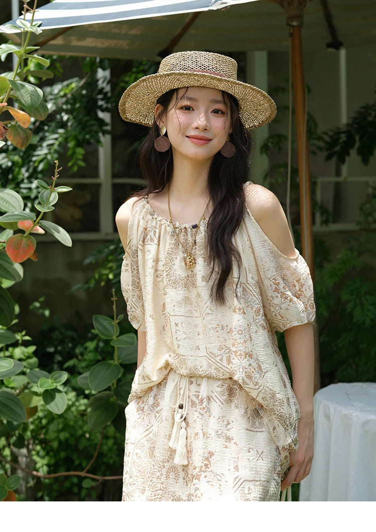 Mishow Bohemian Print Top & Beaded Tassel Drawstring Shorts Set MXE39T0723