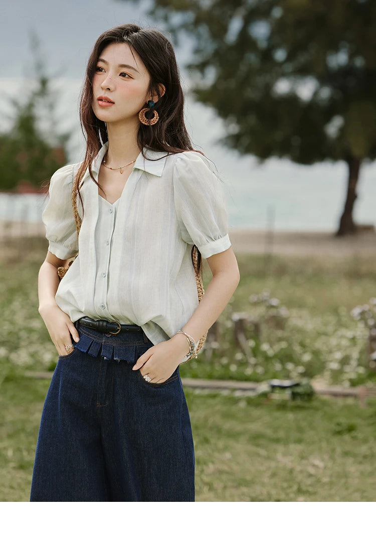 MISHOW Solid Short Sleeve Blouse Turn-Down Collar Slimming MXE33C0782