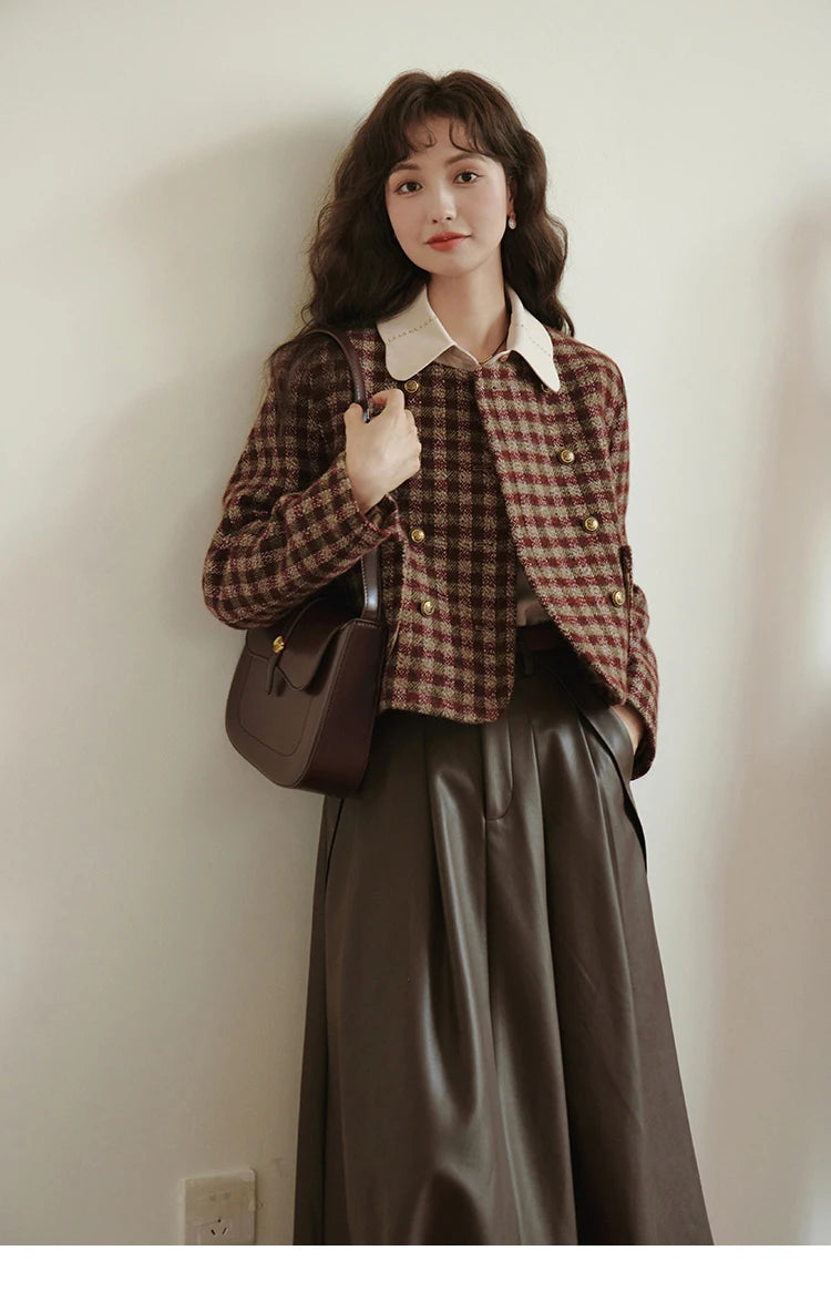 Mishow Vintage French Crop Plaid Woolen Top MXC48W0175