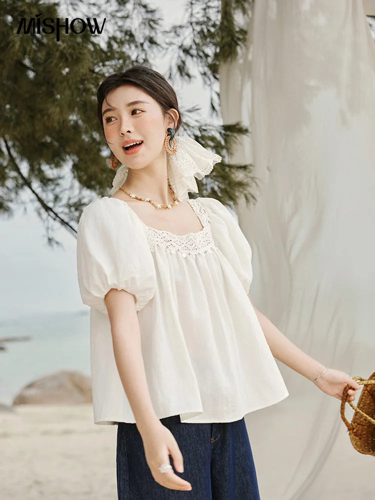 MISHOW Square Collar Puff Sleeve Blouse Lace Splicing MXE32X1780