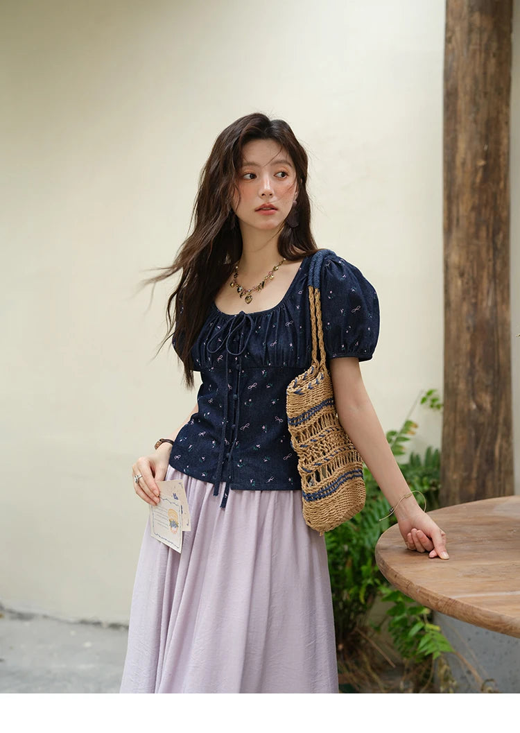 MISHOW Puff Sleeve Square Neck Blouse Lace Up Print Denim MXE39X1933