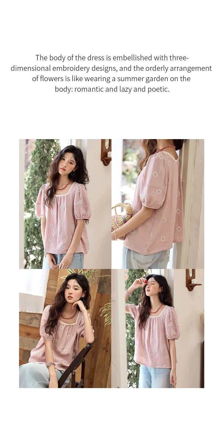 MISHOW Pink Embroidered Linen Blouse Square Collar Lace Patchwork MXE35X1834