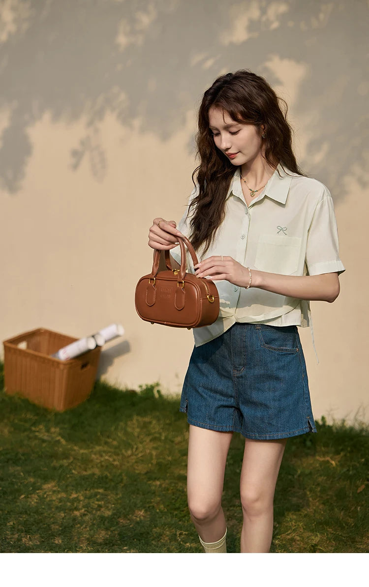 MISHOW Same Color Bow Embroidered Shirt Asymmetric Hem MXD23C0257