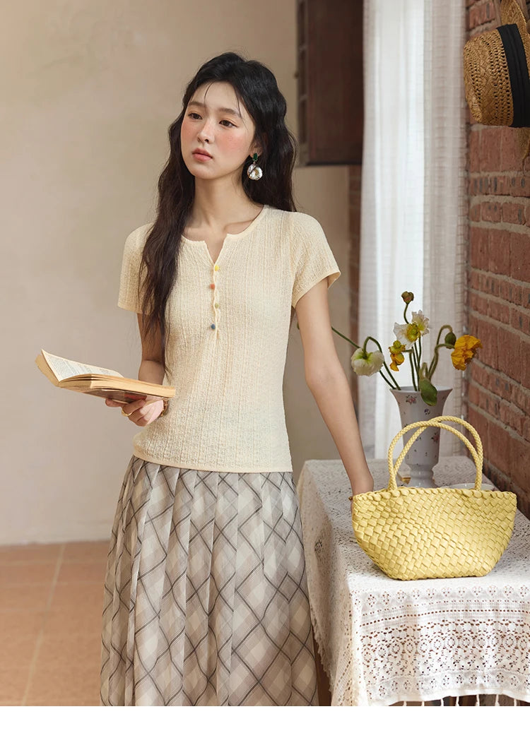 MISHOW Apricot Green Retro Plaid Skirt Pleated Chiffon High Waist A-Line MXE35B0747