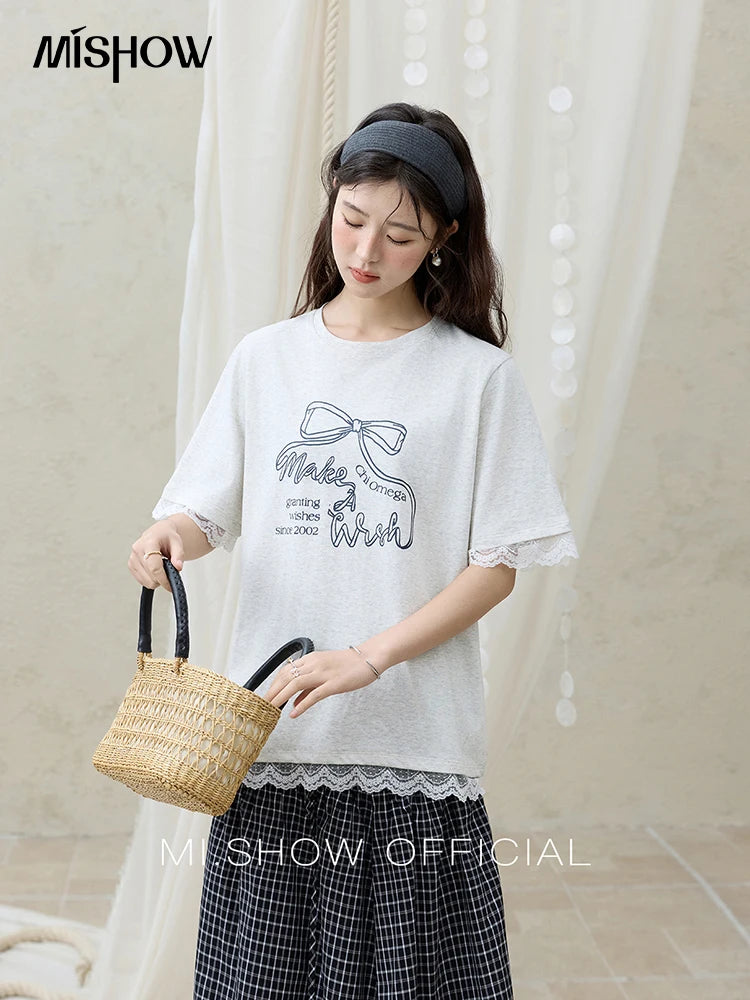 Mishow Print Lace Bow Detail Tee MXE32T0554