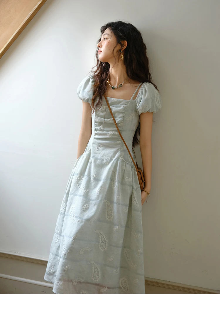 Mishow Paisley Embroidery Square Neck Puff Sleeve Dress MXE34L2265