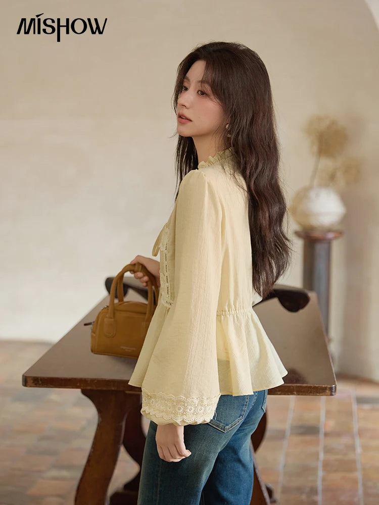 MISHOW French V-Neck Blouse Lace Patchwork Lantern Sleeve MXE41X1925