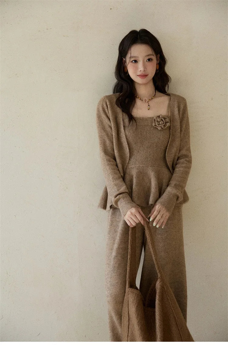 Mishow Khaki Knitted Three-Dimensional Floral Camisole Cardigan & Wide Leg Pants Three-Piece Set MXE87T1449