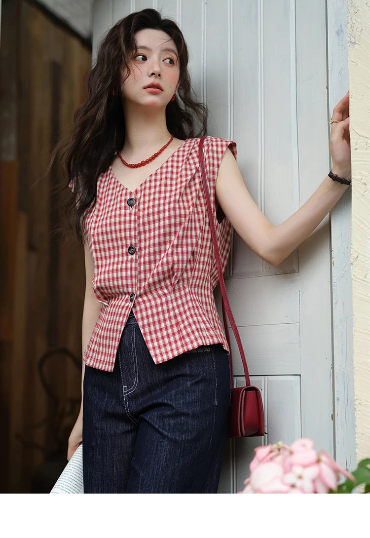 MISHOW Red Plaid V-Neck Shirt Button Front MXE37X1921