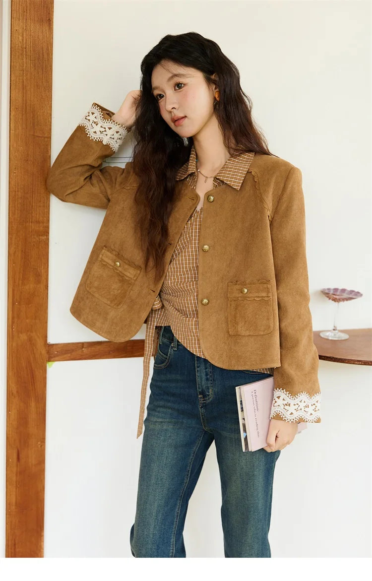 MISHOW Fragrant Suede Jacket Cuffs Hollowed Out Lace Metal Button MXE46W0839