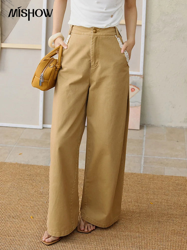 MISHOW Cotton Khaki Lace Patchwork Wide Leg Pants High Waist MXE34K0925