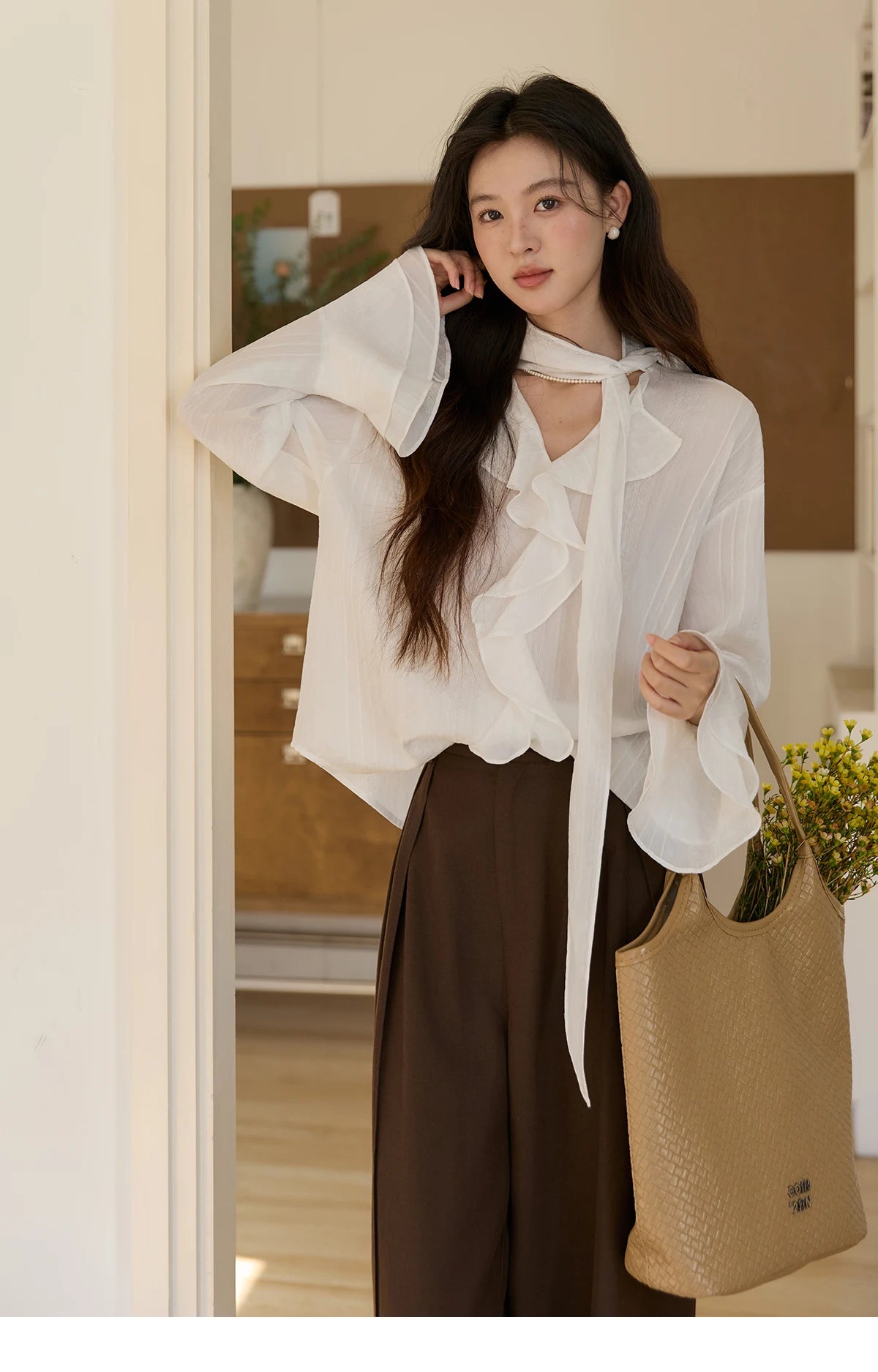 MISHOW Ruffle Trim Chiffon Blouse Detachable Scarf MXF108X0999