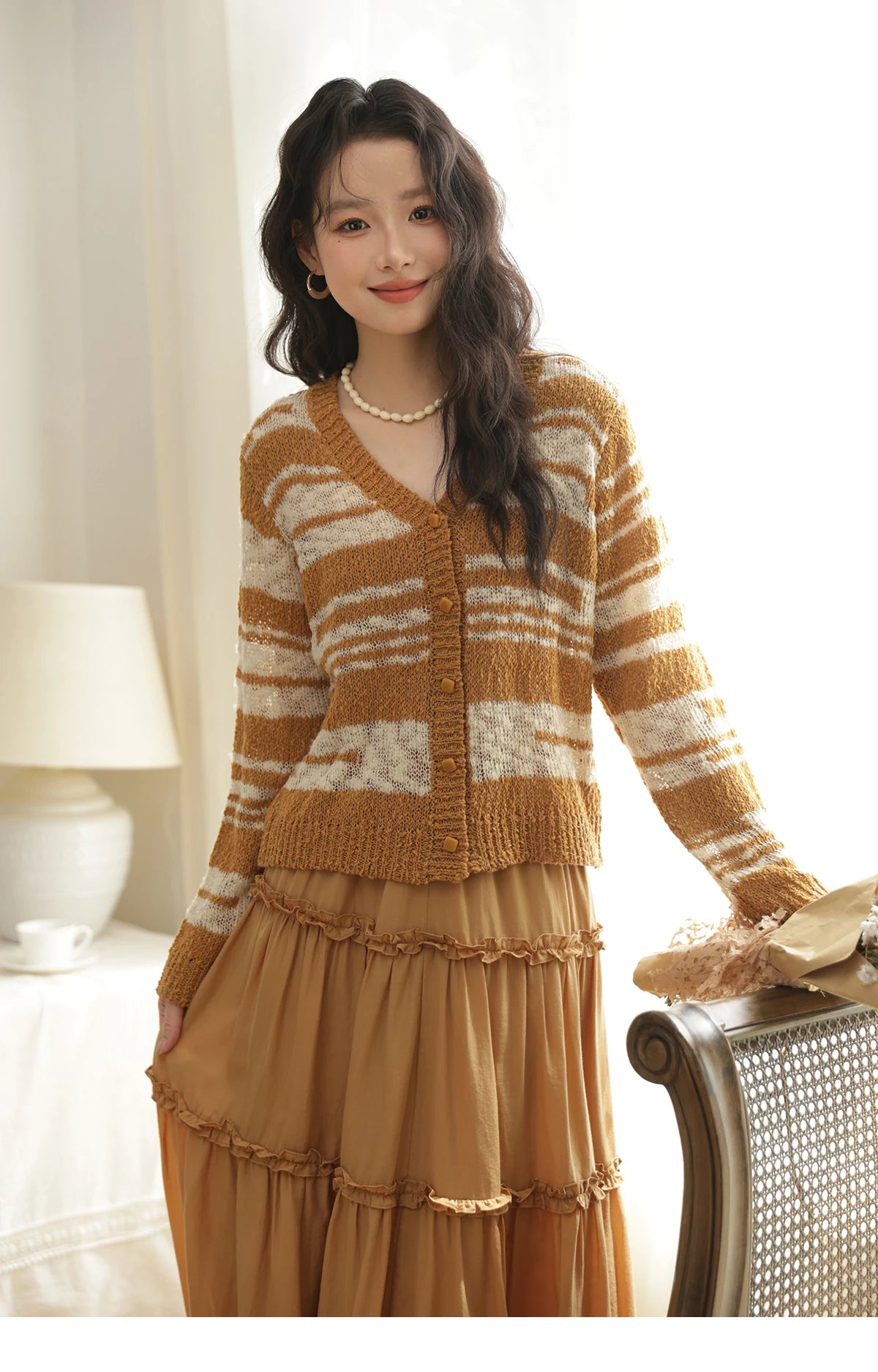 Mishow Retro Yellow Striped V-Neck Cardigan MXE44Z2516