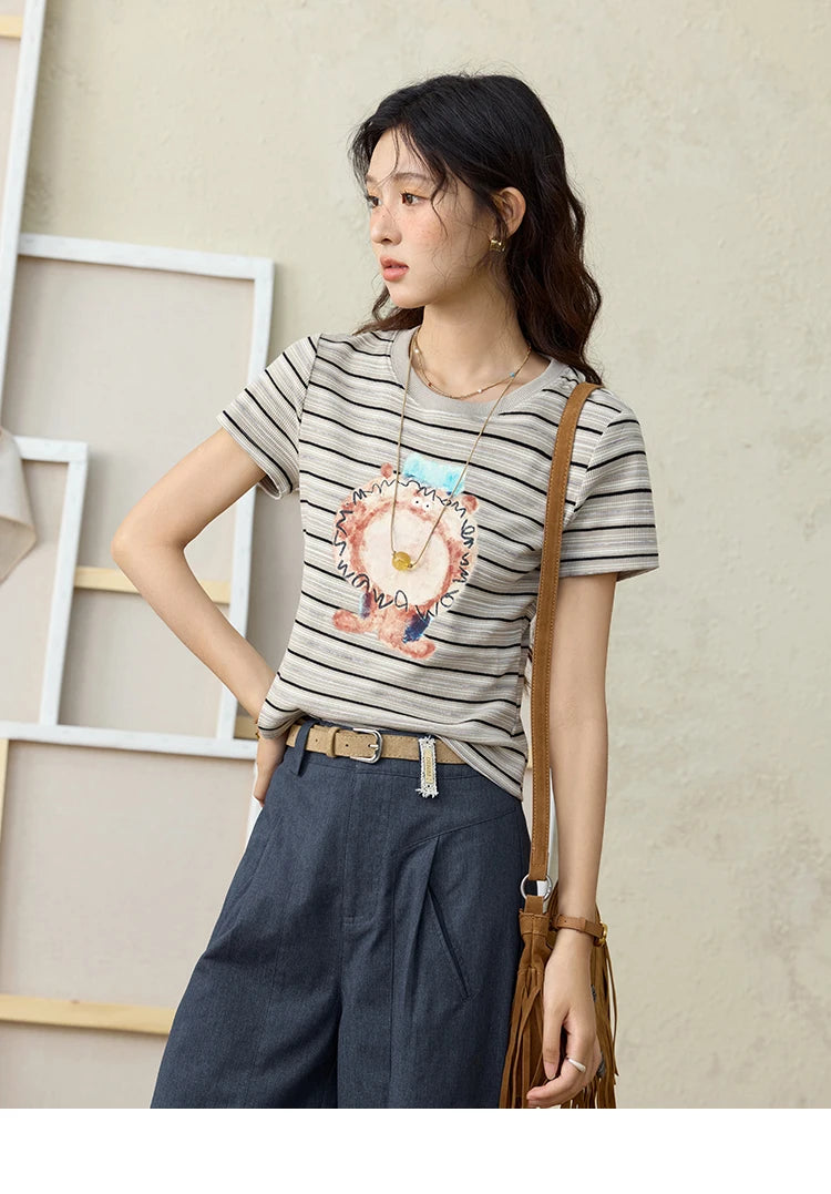 Mishow Striped Pufferfish Print Cotton Tee MXE32T0538
