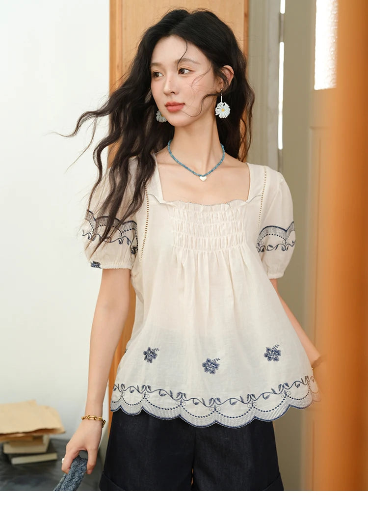 MISHOW Square Neck Puff Sleeve Blouse Flower Embroidery Hollow MXE39X1953