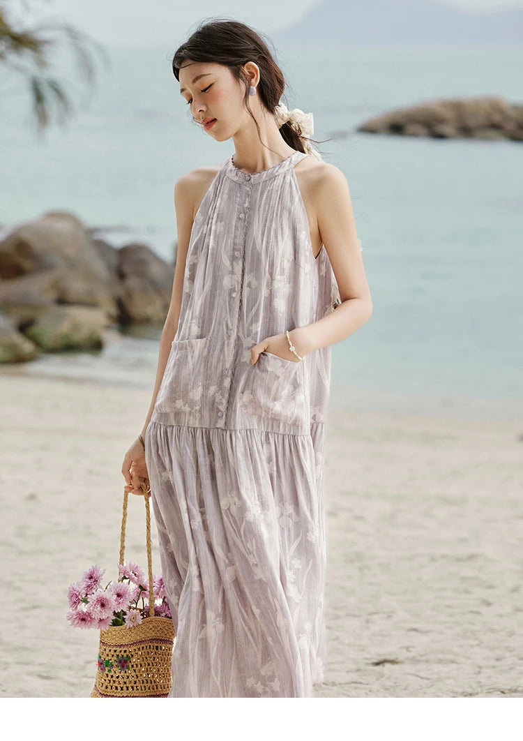 Mishow Purple Print Chiffon Stand Collar Dress MXE32L2163