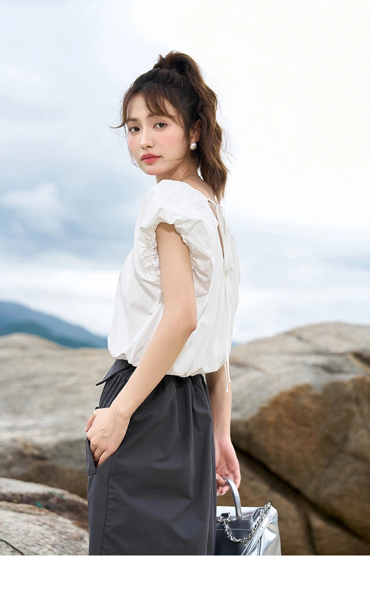 MISHOW French Rear Collar Tie Blouse V-Neck Puff Sleeve MXC38X1275