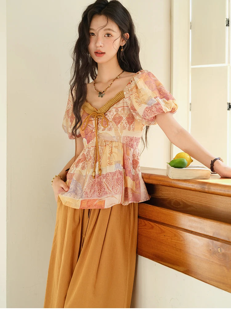 MISHOW V-Neck Lace Up Patchwork Blouse Puff Sleeve Floral Print MXE38X1911