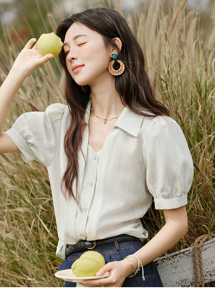 MISHOW Solid Short Sleeve Blouse Turn-Down Collar Slimming MXE33C0782