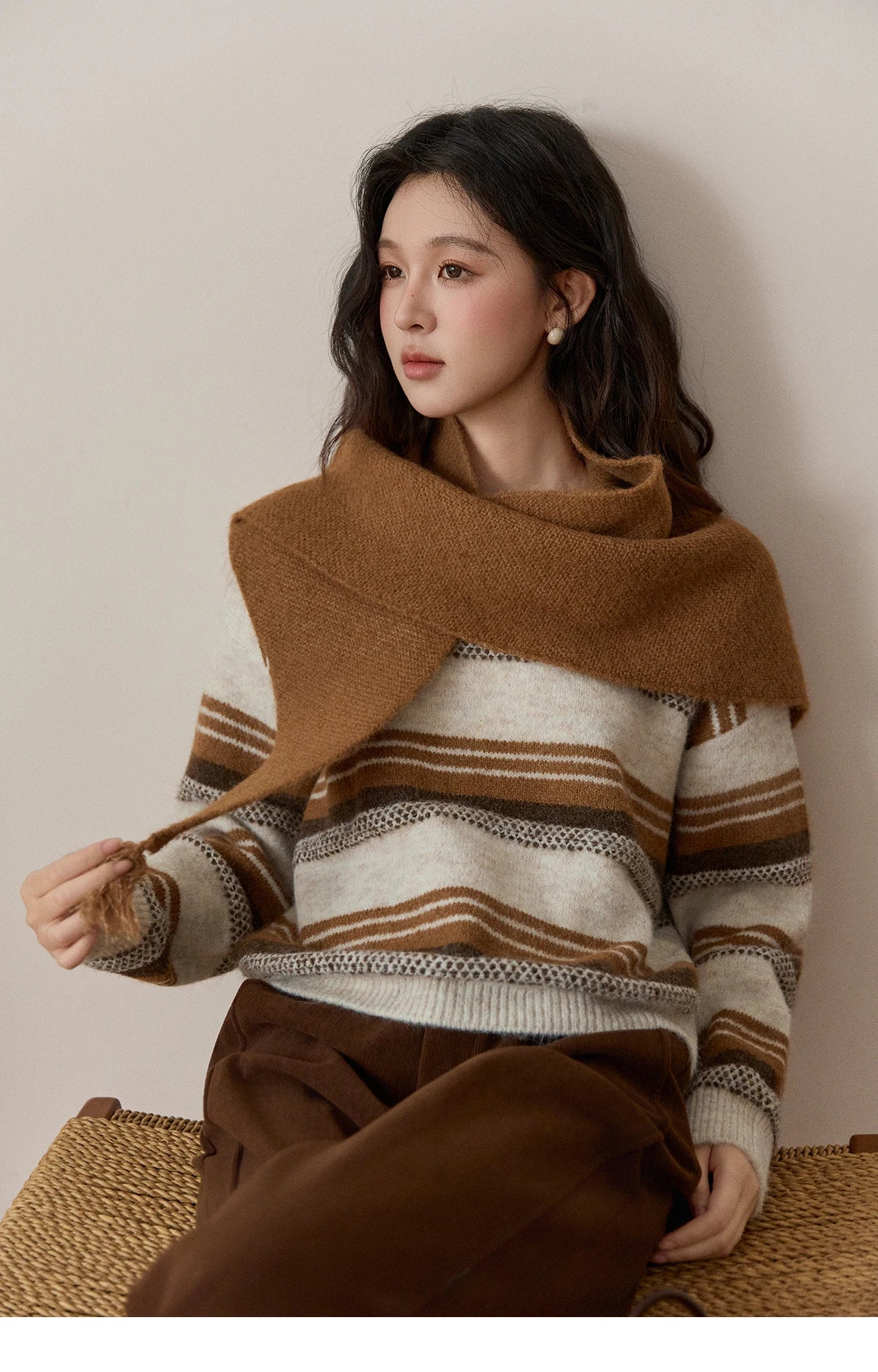 Mishow Wool Blend Retro Striped Sweater with Scarf MXE94Z2987