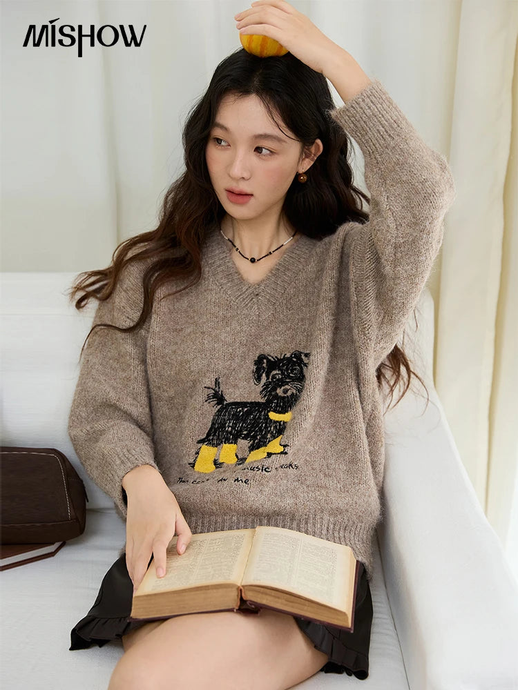 Mishow Puppy Embroidery V-Neck Loose Pullover MXE48Z2570