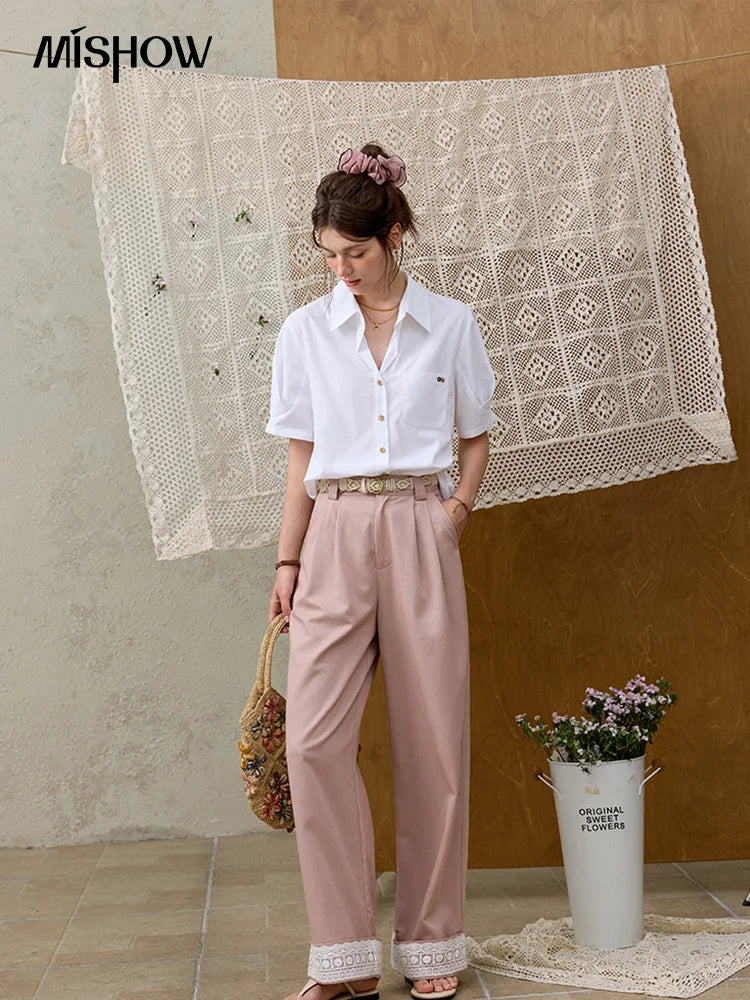 MISHOW Hem Lace Hollow Out Wide Leg Pants High Waist Pink MXE31K0900
