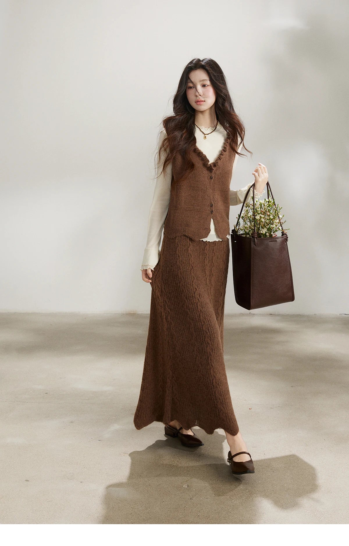 Mishow Brown Knitted Vest & Cable Knit Maxi Skirt Set MXF11T1460