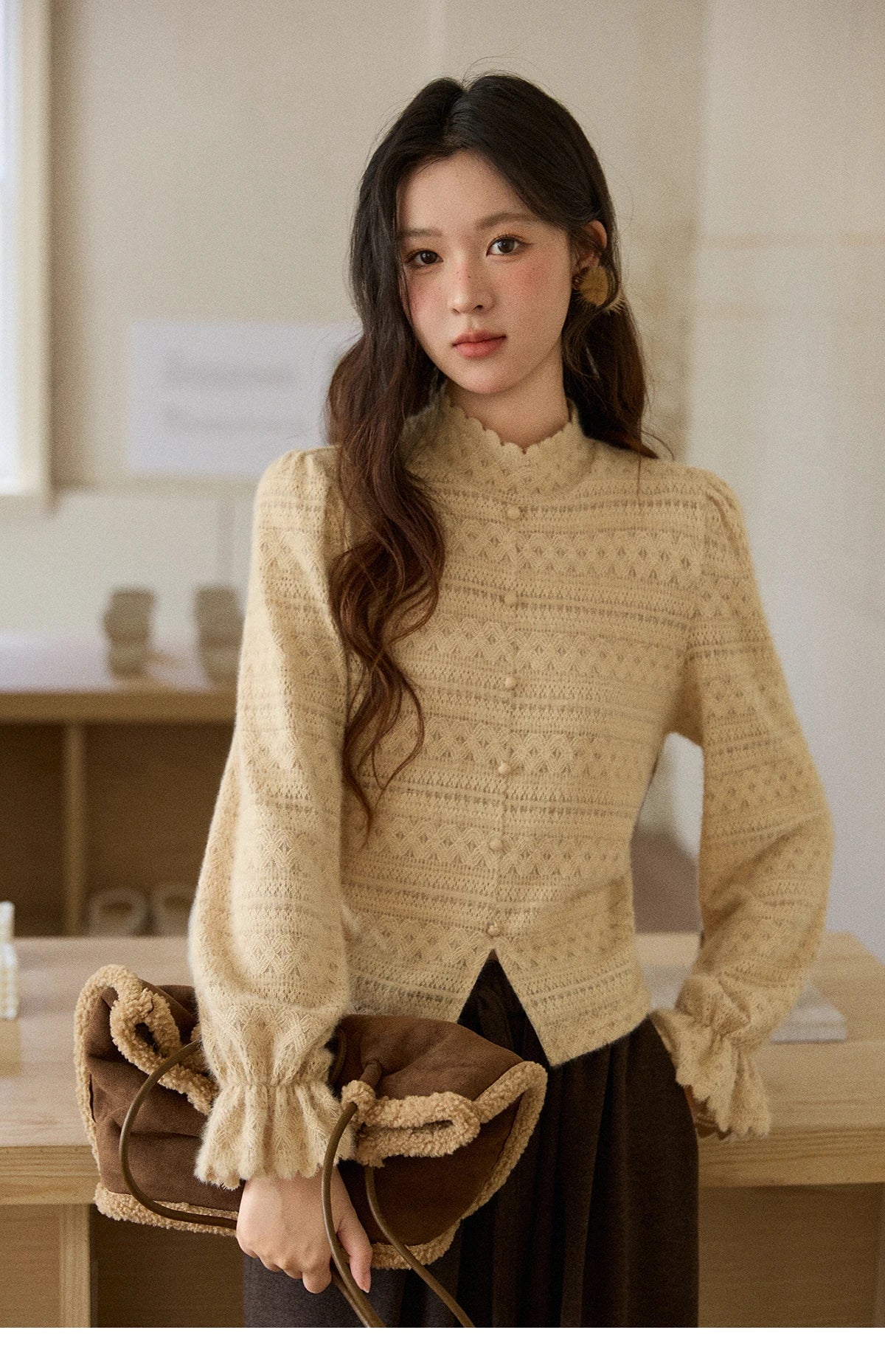 MISHOW Yellow Lace Blouse High Neck Slit Base Layer MXE48X2501