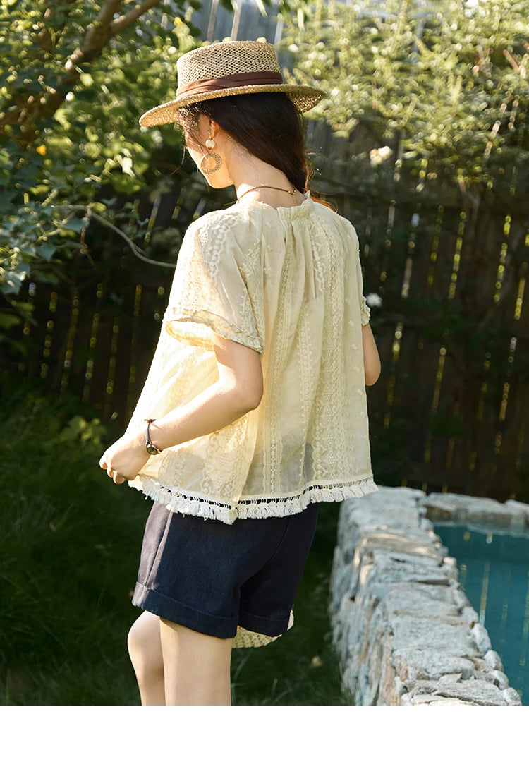 MISHOW Embroidered Jacquard Blouse O-Neck Lace Up MXE37X1861