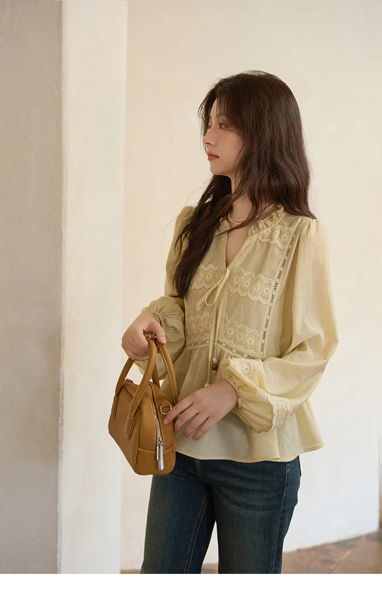 MISHOW French V-Neck Blouse Lace Patchwork Lantern Sleeve MXE41X1925