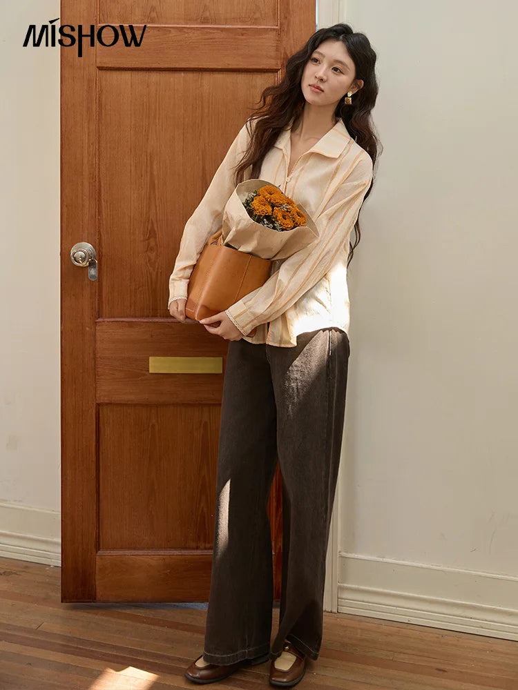 MISHOW Orange Stripe Linen Shirt Lapel Collar Lace Trim Cuffs MXE43C2379