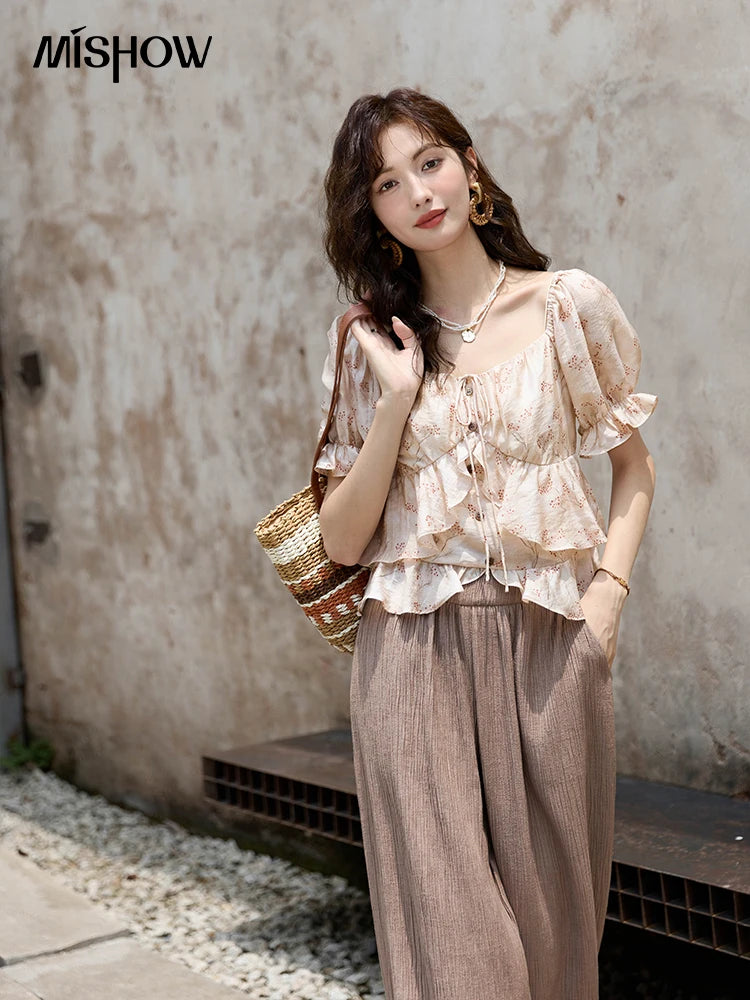 MISHOW Floral Print Square Neck Shirt Bubble Sleeve Patchwork MXD30X1565