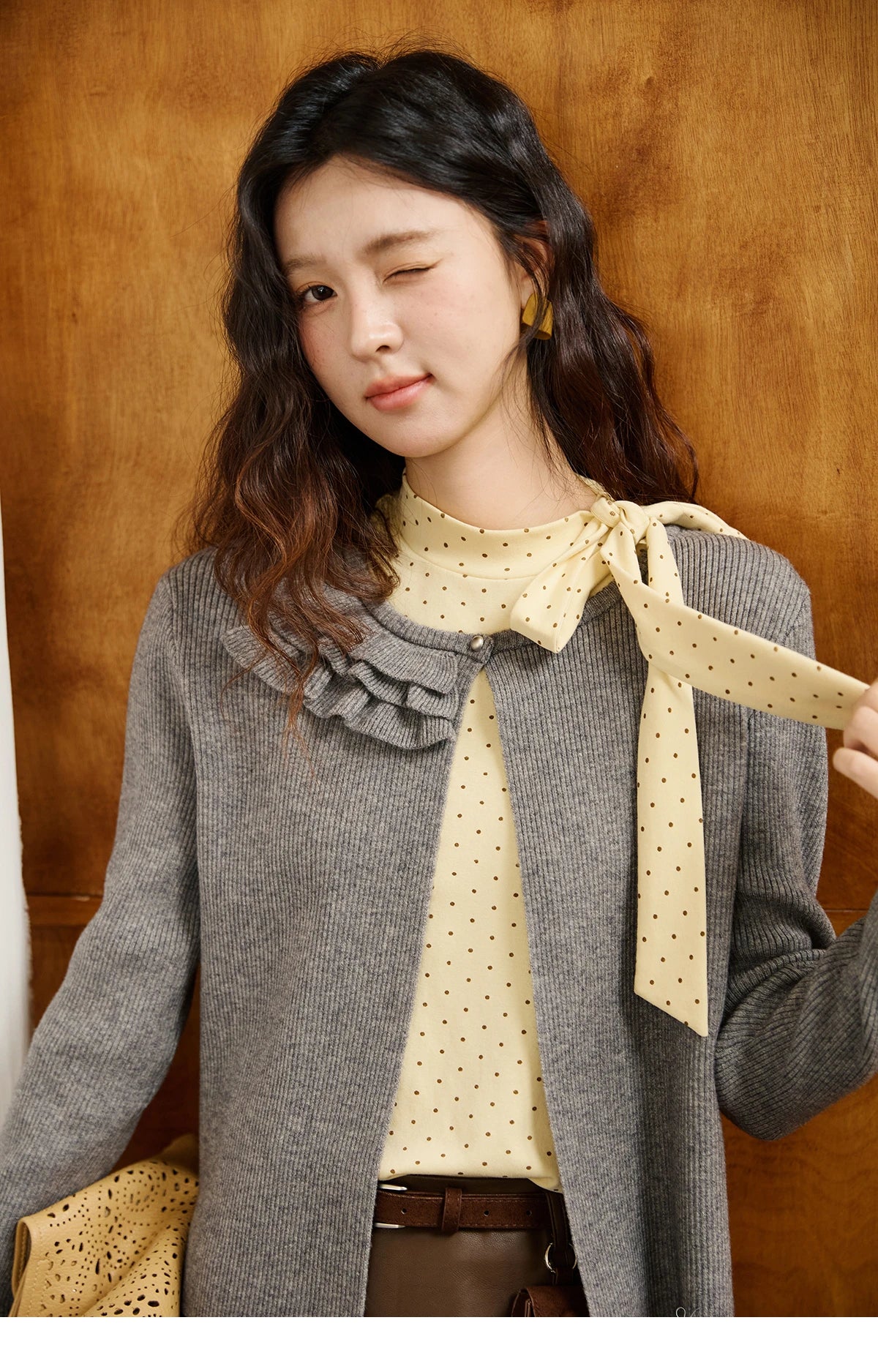 Mishow Gray Ruffled Collar Floral Yarn Cardigan MXE45Z1378