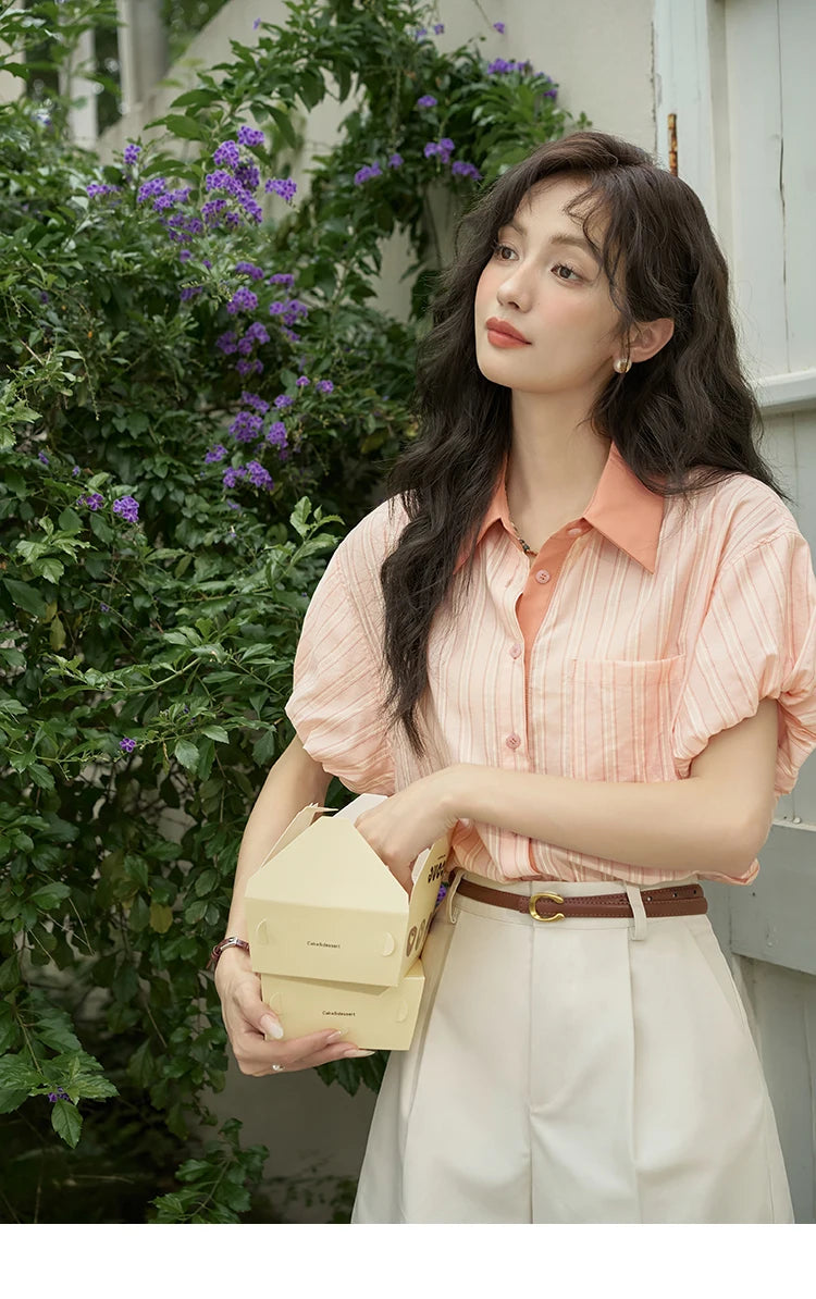 MISHOW Hong Kong Retro Pink Striped Shirt Bubble Sleeve Lapel MXD28C0250