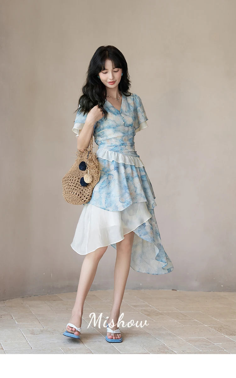 Mishow Van Gogh Double Layer Sleeve Asymmetrical Dress MXC39L1527
