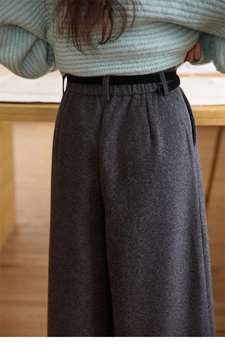 MISHOW Gray Wool Wide-Leg Pants High-Waisted Cropped MXE90K1128