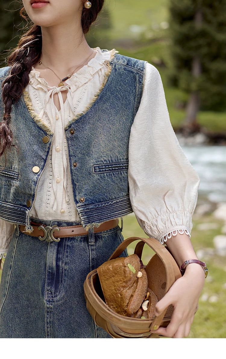 MISHOW Washed Hem Fringed Denim Midi Skirt A-Line Retro MXD41B0453