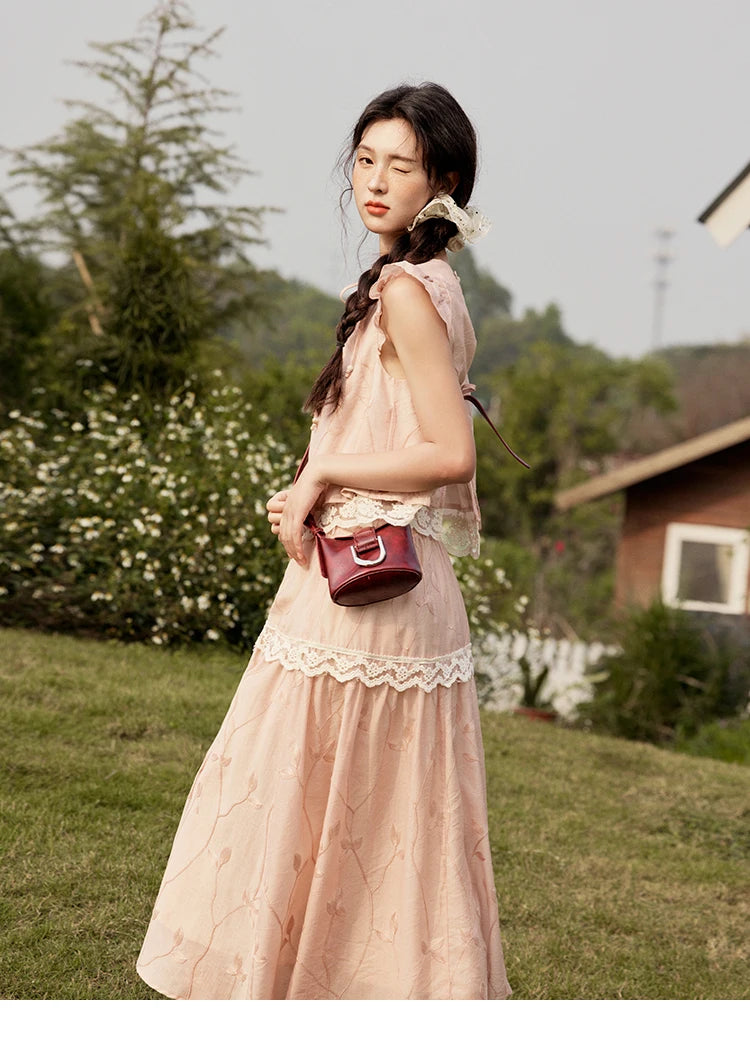 Mishow Short Flying Sleeve Top & Hollow Embroidery A-Line Skirt Set MXE33T0545
