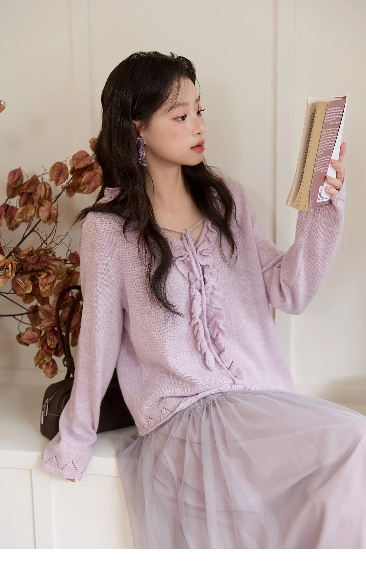 Mishow Beige V-Neck Wood Ear Hollow Sweater MXE51Z2595