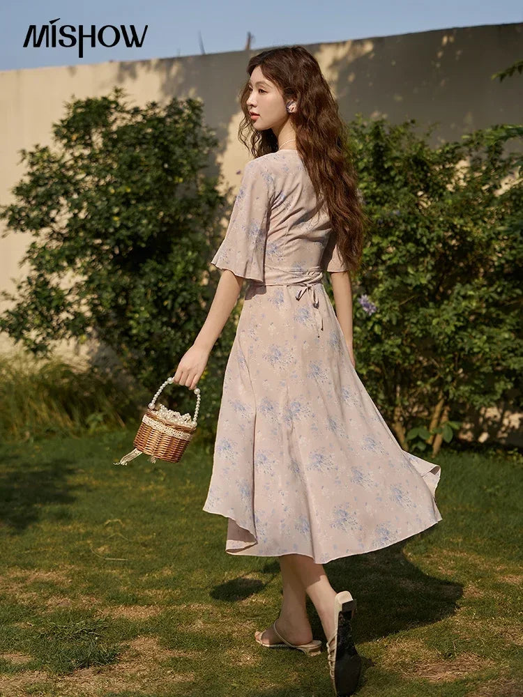 Mishow French Floral Puff Sleeve Lace-Up Dress MXC38L1413