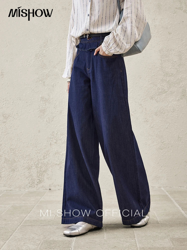 Mishow Stitching Ruffle High Waist Wide Leg Jeans MXE16K0907