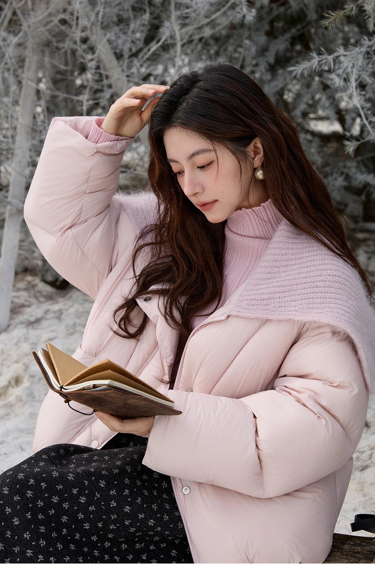 Mishow Pink Woolen Lapel Short Down Jacket MXE92Y0089