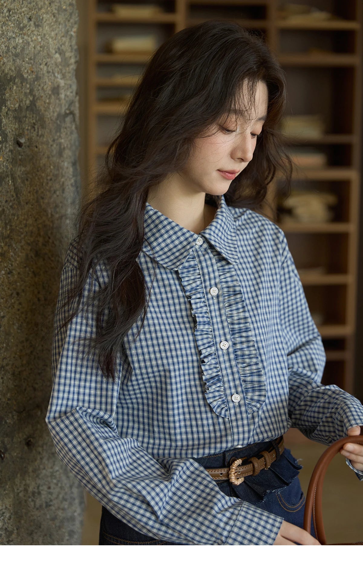 MISHOW Blue Plaid Cotton Shirt Doll Collar Dropped Shoulder MXE44C2391