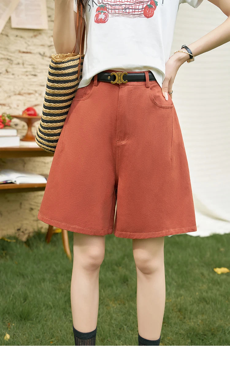 MISHOW Red Casual Shorts High Waist Loose Straight Leg Pockets MXD25K0679