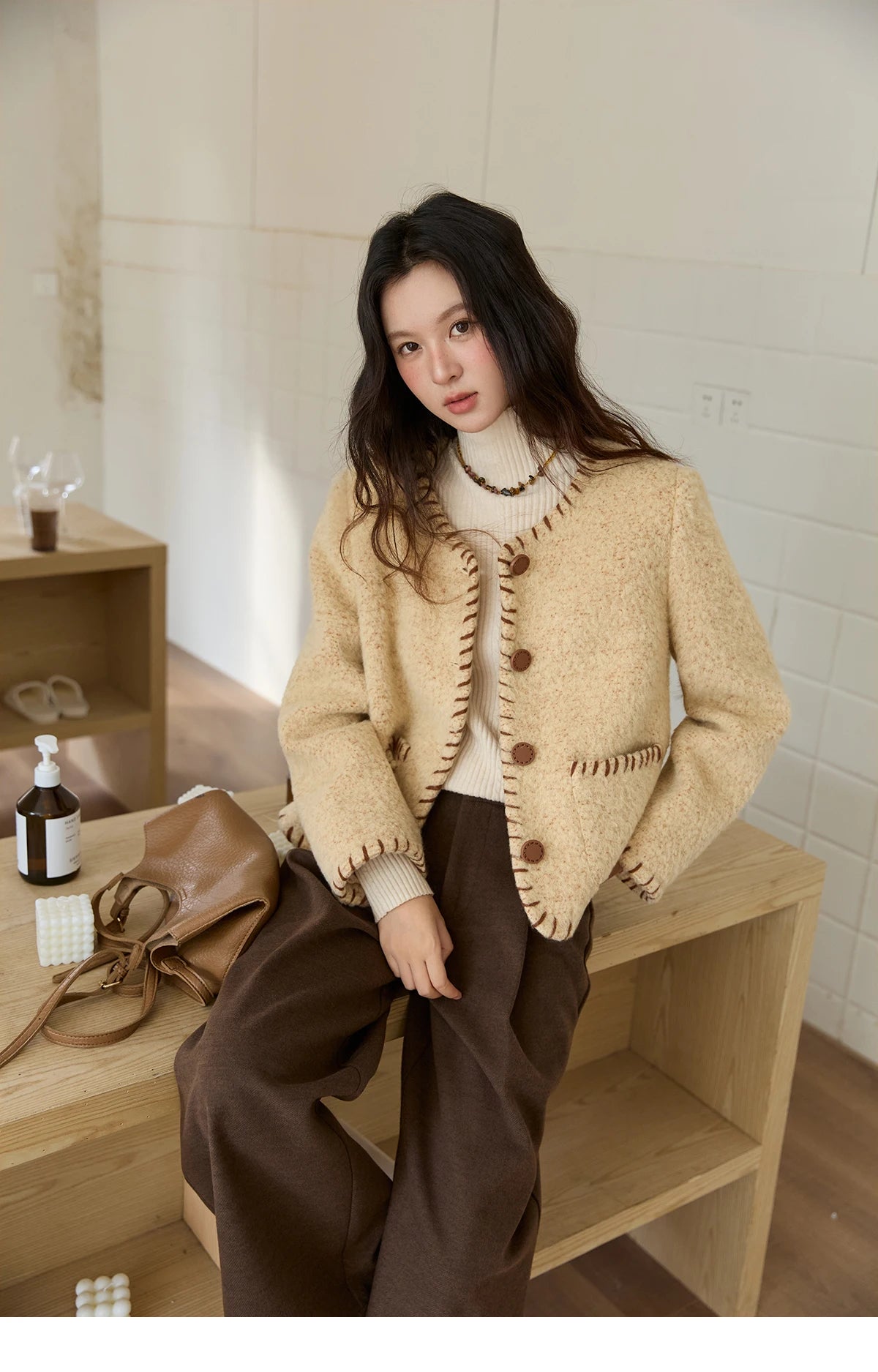 Mishow Apricot Round Neck Wool Blend Coat MXE88W0885