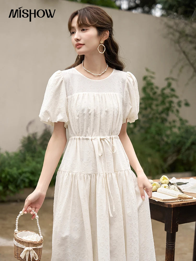 Mishow French Drawstring Waist Puff Sleeve Dress MXC38L1415