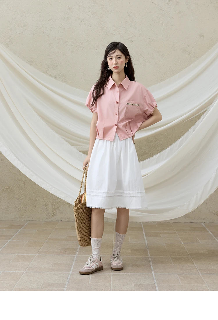 MISHOW Short Puff Sleeve Blouse Turn Down Collar Shell Ribbon MXE33C0773