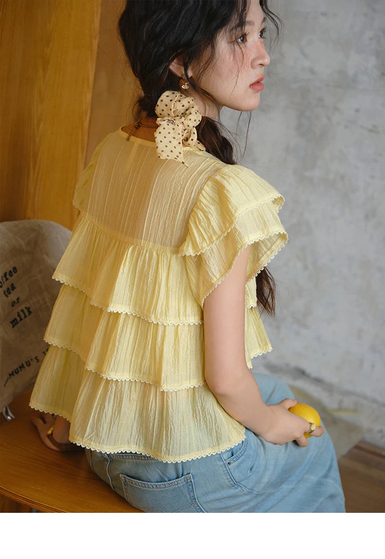 MISHOW Butterfly Sleeve Chiffon Shirt Square Neck Button MXD30X1488